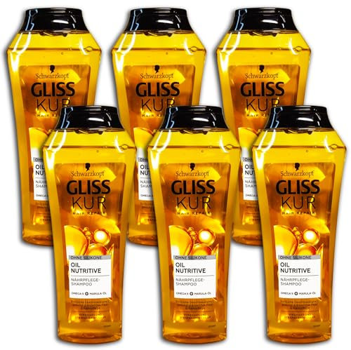 Confezione da 6 shampoo Gliss Oil Nutritive, 6 x 250 ml, cura nutriente intensiva per capelli corposi e danneggiati.