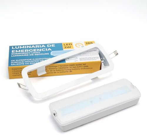 Alpinaluz Luz de Emergencia LED 3W con Batería de Litio, Chip LED de SMD2835 265lm Duración de 3 Horas - Incluye Kit de Empotrar y Clips, Difusor de PC Resistente
