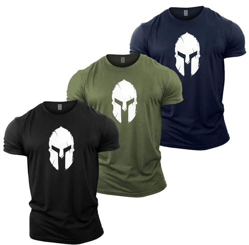GYMTIER Men's Gym T-Shirt - 3 T-Shirt Bundle - Bodybuilding Training Top, 3 Pack Spartan Helmet, S
