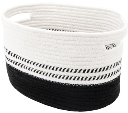 Kriovoa 1 Pack Woven Storage Baskets, Cotton Rope Storage Baskets for Shelves, Small Toy Baskets, Baskets for Towel Storage, Nursery Baskets,Book Baskets with Handles, Black and White.