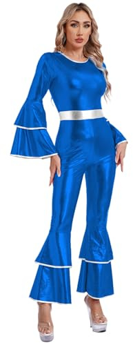 Jhaoyu Disco Costumes Fancy Dress for Women Shiny Metallic 70s Jumpsuit Tiered Flare Sleeve Bell Bottom Hippie Romper Royal Blue S