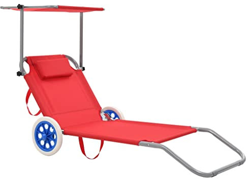 Makastle Sonnenliege Klappbar mit Dach und Rollen, Outdoor Klappliege Liegestuhl Strandliege Klappliege Campingliege für Strand oder Pool, 146 x 63 x 55 cm