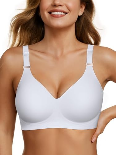 OEAK Seamless Bra Non Wired Bras for Women Wireless Push Up Bra Support V Neck Full Coverage Comfort Sleep T Shirt Bralettes Soft Sleep Everyday Bras with Bra Extender(White,Small)