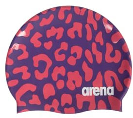 Arena Print 2 - Gorro de natación Unisex de Silicona para Adultos, Mujeres y Hombres, Entrenamiento intensivo, cómodo, Antideslizante, Pelo Largo, Color Violeta/Geranio