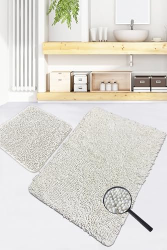 Bosdela Badezimmerteppich-Set - 2-teilig, rutschfest, Wasserabsorbierend, 60x100 cm + 50x60 cm, Powder Pink & Grau Design für Moderne Bäder