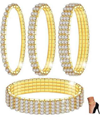 Kucheed 4 Pièces Bracelet de Cheville en Diamant Scintillant pour Femme, Bracelets de Cheville de Bijoux de pied de D'Or de Cristal Élastique, Bracelets de Cheville (Or)