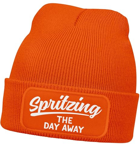 MoonWorks® Damen Beanie mit Patch Strickmütze mit Spruch Spritzing The Day Away Aufdruck Lustig Damenmütze Orange Unisize