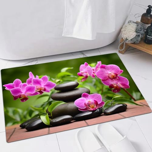 FSDGY Badvorleger Fußmatte Flauschig Teppich Badezimmerteppich Duschmatte für Bade & Wohnzimmer Schlafzimmer,Spa-Dekor, Zen-Basaltsteine und Orchidee spiegeln das Tropische Wohlbefinden im,40x60 cm
