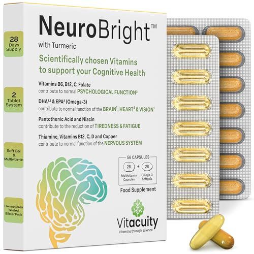 NeuroBright with Turmeric – Brain Supplement Multivitamin + Omega-3 Fish Oil Capsules for Memory & Focus – 16 High-Dose Ingredients inc. Vitamins C, D, E, B-Complex, Curcumin, Zinc & Copper – 56 Caps