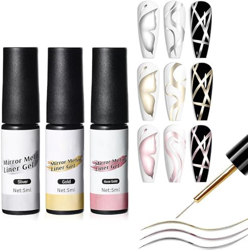 3-piece metal eyeliner polish set - glitter rose silver gold pen - chrome plated nail polish and nail brush - suitable for UV French manicure art painting