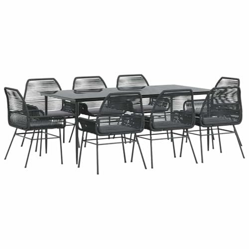 vidaXL 9-TLG. Garten-Essgruppe mit Kissen Schwarz Poly Rattan Glas, Outdoor Essgruppe, Essgarnitur Terrasse, Garten Essgarnitur, Terrasse Essgruppe