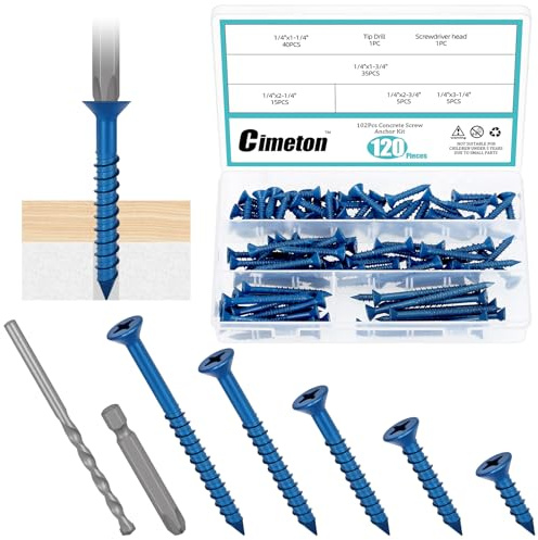 Cimeton 102PCS 5 Sizes 1/4” Blue Flat Head Concrete Screws Self Tapping Cement Screws with Drill Bit Assortment Kit for Anchoring to Masonry Block Brick