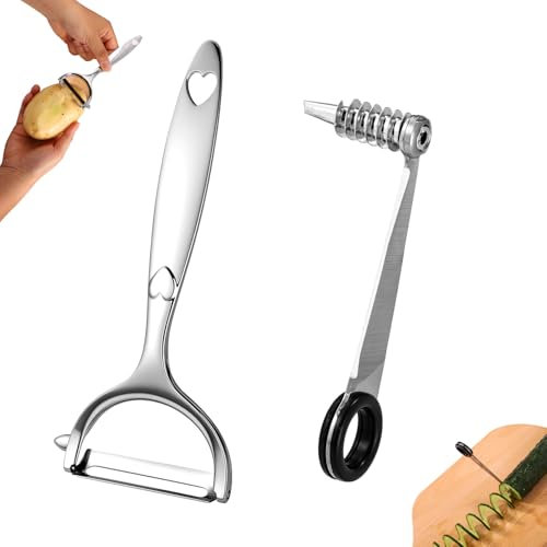 Lyreh Vegetable Spiral Cutter & Peeler Tool, Stainless Steel Manual Spiral Cutter Slicer Zinc Alloy Veggies Peeler Practical Kitchen Knife Set Accessories for Cucumbers Potatoes Carrot Apples (Silver)