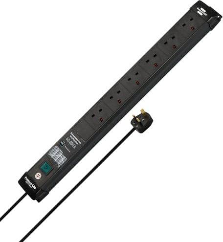 Brennenstuhl Premium-Line, 6-way Power Strip with surge protection 60.000A (Wall-mounted Extension Lead with 3m cable and switch, Made in Germany) black