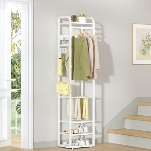HEXCELEN Garderobenständer, Kleiderständer mit 4 Ablagen und 13 Haken | Aufbewahrungsregal mit Umkehrbaren Ablagen, Garderobe, 30 x 40 x 186 cm, für Schlafzimmer, Wohnzimmer, Flur, Weiß