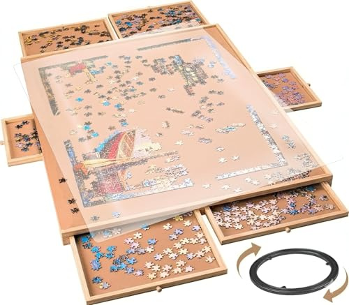 1500 Piece Rotating Wooden Puzzle Board for with 6 Storage Drawers & Protective Cover – Jigsaw Puzzle Table - for Adults & Families Home Entertainment & Puzzle Building