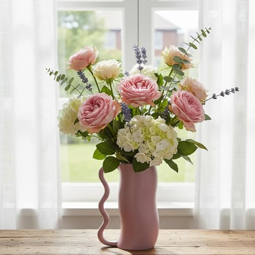 23cm Modern Ceramic Vase with Wavy Handle, Nordic Lilac Minimalist Decorative Planter for Shelf, Living Room, Kitchen or Entryway, Boho and Farmhouse Vintage Home Decor Accent (Lilac, S)