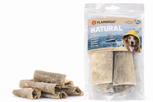 Leckerli Hund – Kabelhauthaut Lang – 50g – Hochwertige Kaustreifen aus Fischhaut – Flamingo