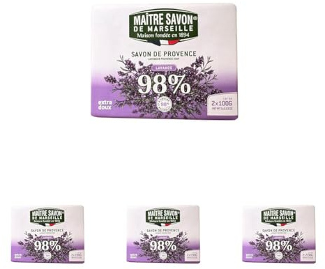 Maître Savon de Marseille - Savon de Provence Lavande – Extra Doux – 2x100g – 99% Ingrédients Naturels – Corps & Mains (Lot de 4)