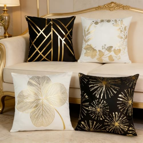 Sumneo 4er Set Kissenbezug 45x45 cm Samt Goldgeprägtes Ginkgo Blatt Muster Zierkissen Sofakissen Couchkissen Wohnzimmer Schlafzimmer Home Decor (New 2+2)