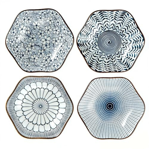 4Japanese Style Ceramic Dipping Bowls - 3OZ Sｍall Bowls Porcelain Tapas Dishes for Sushi Rice Dessert Bowl Side Soy Sauce Dishes Inklusive Geschirrtuch for Sushi Dip Snack Oil Rice and Soup (Hexagon)