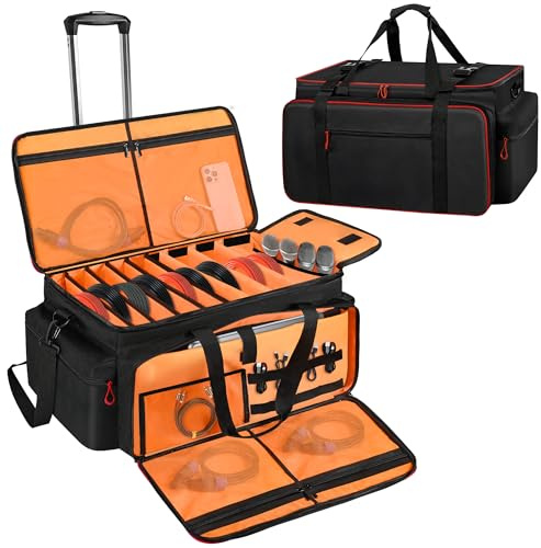 Large Rolling DJ Cable Bag with Laptop and Microphone Pocket DJ Equipment Bag with Detachable Dividers & Trolley, Padded Cable Organizer Bag, Waterproof Gig Bag for Professional DJ, Music Gear Travel