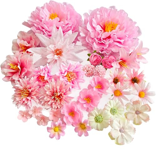 32 Pezzi Fiori Artificiali Teste di Fiore Simulati Fiori Finti Diversi Tipi | Multicolore Simulazione Fiori Decorativi Artificiali Fiore Finti per Decorazioni per Casa Nozze Davanzale Fermaglio (Rosa)