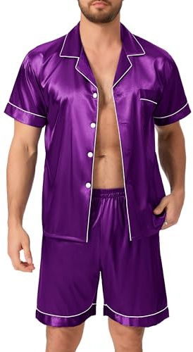 Lovasy Pigiama Uomo in Raso Estivo con Bottoni Davanti Pigiami Set Corta Scollo a V e Maniche Corte 2 Pezzi Seta Pigiama da Casa Leggero T-Shirt
