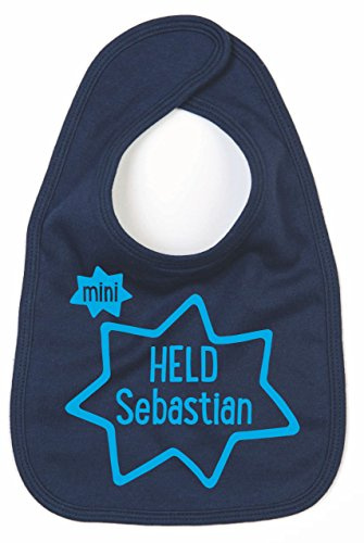 minimutz Lätzchen mit Namen | Motiv HELD | bedrucken & personalisieren | 100% Baumwolle für Baby & Kinder bis 3 Jahre | Geschenk zur Geburt und Taufe