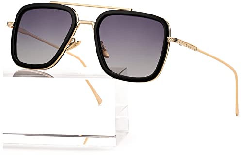 AIEYEZO Tony Stark Sunglasses Vintage Square Metal Frame Eyeglasses for Men Women - Iron Man and Edith Sun Glasses, A3 Gold/Black/Gradient Grey, M