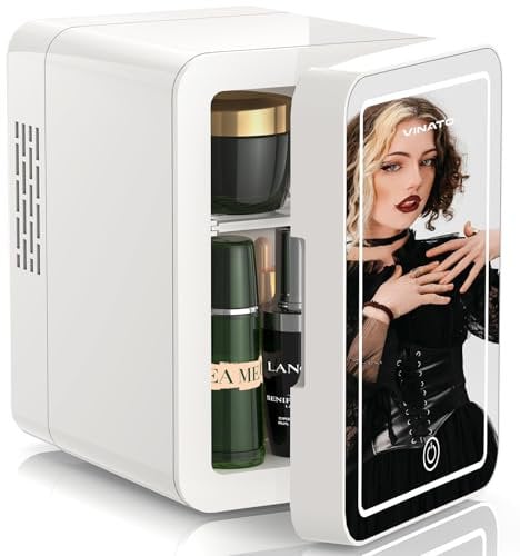 VINATO 4L Mini Nevera para Dormitorio, Nevera Skincare con Espejo LED, Portatil Nevera Pequeña 220 V AC / 12 V DC para Coche, Oficina, Dormitorio