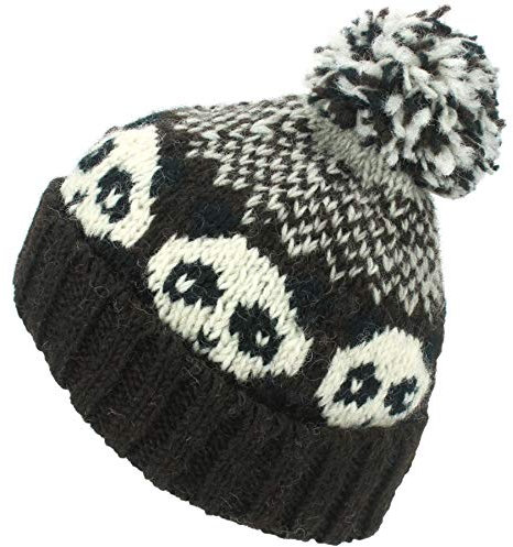 LOUDelephant Wolle Strick Beanie-Mütze mit Bommel - Panda - Braun-Grau, One Size