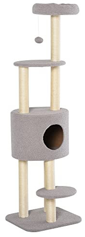 PawHut Arbre à Chats avec Griffoir Niche Poteaux Peluche Haute Densité 45L x 40L x 148H cm Gris