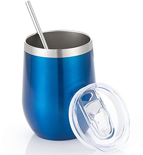 Gobelet à vin en acier inoxydable avec couvercle et paille – Verres à vin sans pied à double paroi isotherme pour boissons froides ou chaudes, vin, bière, jus (bleu marine)