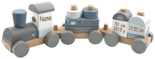 Holzzug Holz Eisenbahn blau personalisierbar mit Name und Geburtsdaten Baby Geschenk mit Gravur