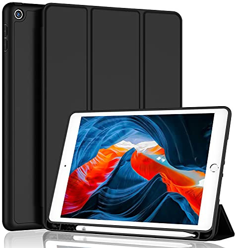 iMieet iPad 9th Generation Case 2021/iPad 8th Generation Case 2020 10.2 Inch with Pencil Holder, iPad 7th Gen 2019 Case with Soft Baby Skin Silicone Back, Auto Wake/Sleep Cover (Black)