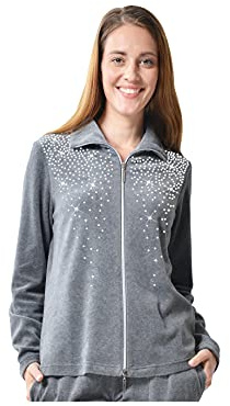 DeSen Damen Freizeitjacke Hausjacke Bluse Mit Reißverschluss Sport Hoher Baumwollanteil Ohne Kappe mit Hellem Strassstein