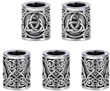 Yahpetes Hair Beard Bead 5 Pcs Celtics Knots Triquetra Viking Beads 0.59X0.47 Viking Rune Beards Silver Norse Rings Large Viking Metal Beads (5)