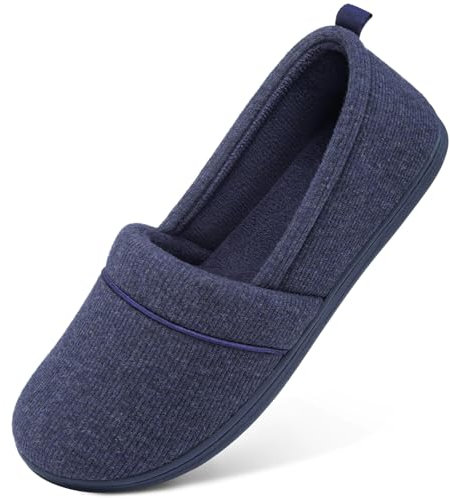 EverFoams Ladies' Memory Foam Comfort Cotton Knit House Shoes Light Weight Terry Cloth Loafer Slippers with Anti-Skid Rubber Sole, Navy Blue, 8 UK