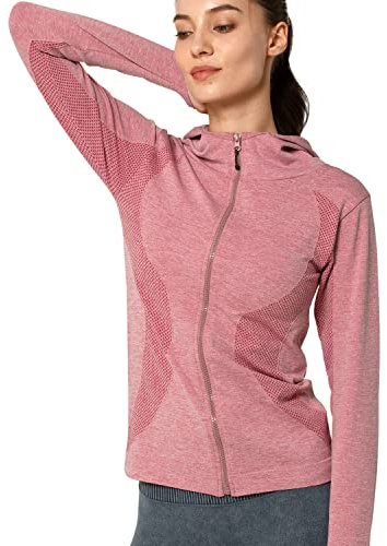 Yvette Veste de Sport Femme à Manches Longues Vêtements de Course Jacket à Capuche Sweat Zippé pour Running Fitness,Rose,XL