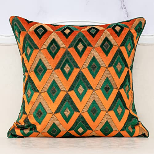 Alerfa Quadratisches Kissen Geometrisch Plaid Stickerei Schnitt Samt Kissenbezug Luxus Modern Wurfkissenbezug Dekoratives Kissen für Couch Sofa Wohnzimmer Schlafzimmer Auto 45,7 x 45,7 cm Blaugrün