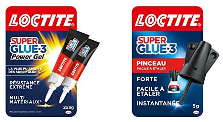 Loctite Super Glue-3 Power Gel, Colle Forte Enrichie en Caoutchouc à Séchage Immédiat, 2 Tubes 3g & Super Glue-3 Pinceau, Liquide à Séchage Instantané, Flacon 5g