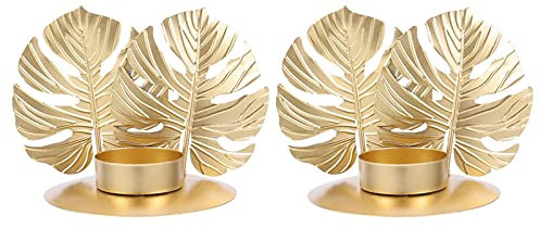 HOMSFOU 2 Stück Kreativer Goldener Zarter Blatt-Kandelaber-Mittelständer Vintage-Kerzenhalter Palmen-Kerzenhalter Dekoration Tisch Nordisch Home Party Ständer Tasse Eleganter Blattstil