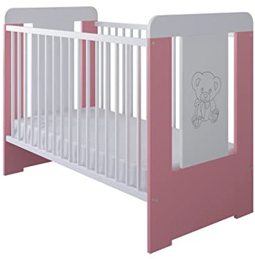 kiki design Gitterbett mit Matratze & Kleiner Teddybar Gravur 120x60cm | 3 ausziehbare Sprossen | 3-Stufen-Verstellung | Kiefernholz | Für Mädchen und Junge| Rosa