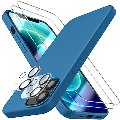 Dssairo [5 in 1 für iPhone 12 Hülle/iPhone 12 Pro Hülle 6.1, mit 2 Pack Displayschutzfolie + 2 Pack Kameraobjektivschutz, Flüssigsilikon Slim Stoßfest Schutzhülle Handyhülle (Marineblau)
