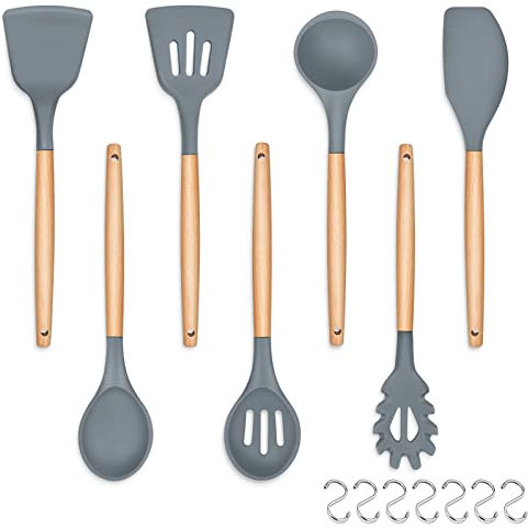 Cooking Utensils Set, HaWare 7 Pcs Silicone Kitchen Utensils with Wooden Handle, Includes Spatula/Ladle/Slotted Turner/Serving Spoon/Pasta Server, Non-Stick Cookware Friendly & Heat Resistant-Grey