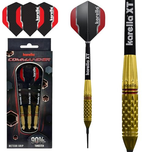 Karella Softdart Commander Gold 90% Tungsten Softdart, 20g, für elektronische Dartscheibe, 2BA Gewinde, 3 Dartpfeile mit Kunststoffspitze, Dartautomat, Wolfram, Profidart mit Flight und Shaft