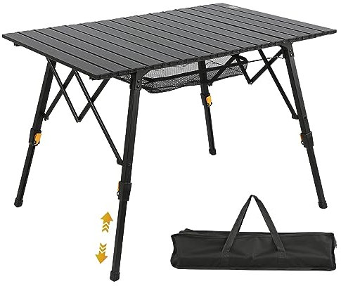 SKIKEN Zusammenklappbarer Outdoor-Tisch aus Metall, aufrollbarer Picknicktisch mit Tragetasche, Studry Metalltisch für Grill, verstellbare Sägezahnbeine (mittelgroß, 80 cm B x 60 cm T x 65 cm H)