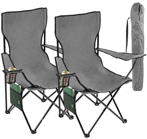 Livhome Set of 2 Camping Outdoor Folding Chairs in Grey - Lightweight Portable Chair with 600D Polyester & Rip Stop | Heavy Duty Steel Frame with Cup Holder and Side Pocket