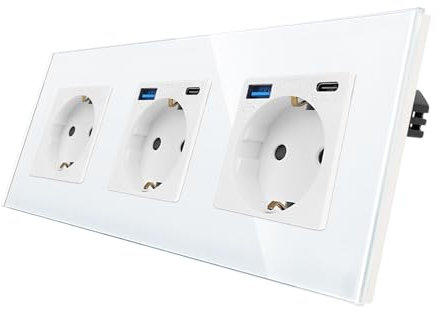 CNBINGO Enchufe triple de cristal con 4 puertos USB, 2 x (tipo C y tipo A, soporte de carga rápida de 20 W), enchufe Schuko empotrado en blanco, enchufe de pared con marco de cristal